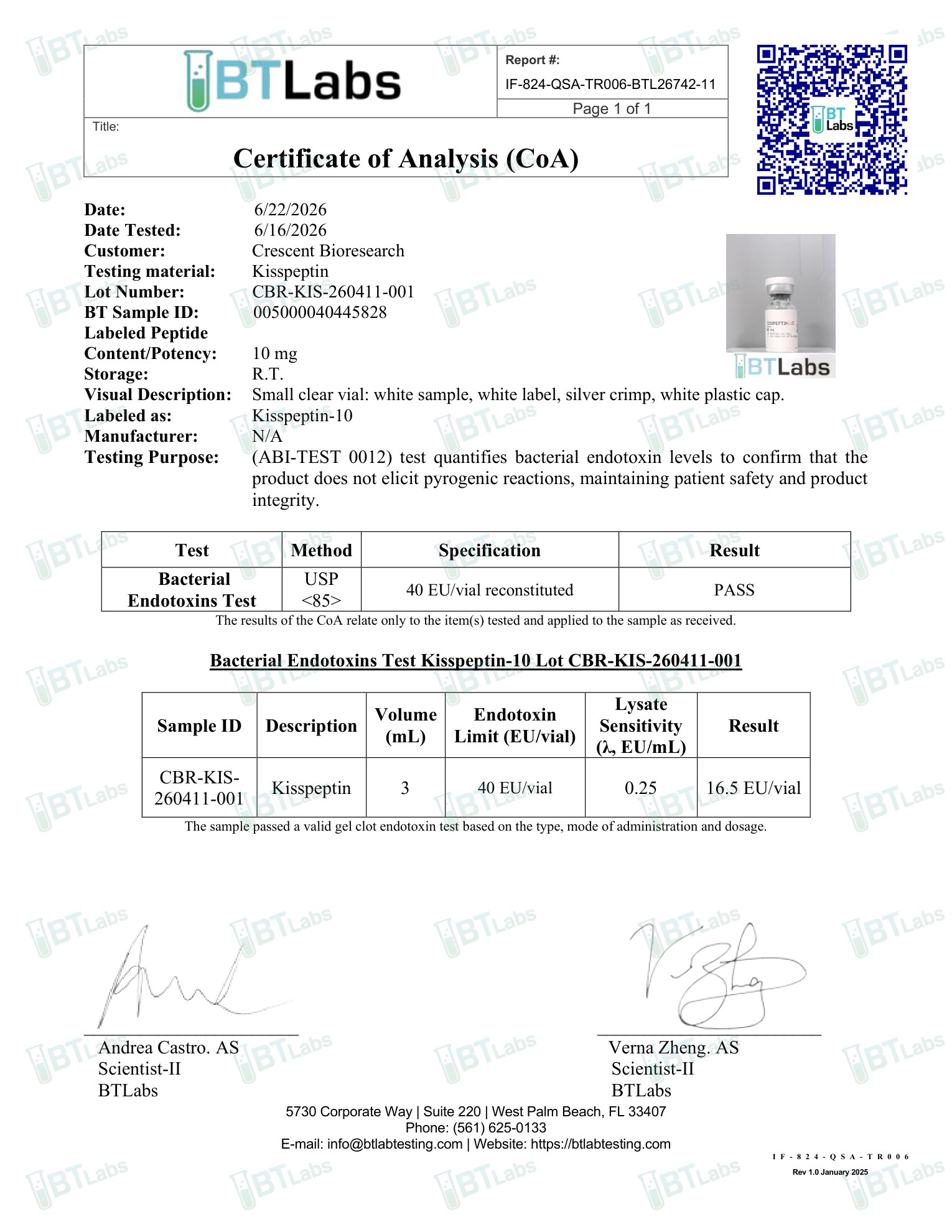 Certificate page 3: bacterial endotoxins test